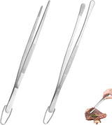 12" Kitchen Cooking Tweezer Set: 18/8 Stainless Steel Food-Grade Metal Food Tong, Flexible Pinching, Seamless-Welding, Sturdy and Non-Slip for Serving, Grilling, Frying (Round & Pointed Tip)