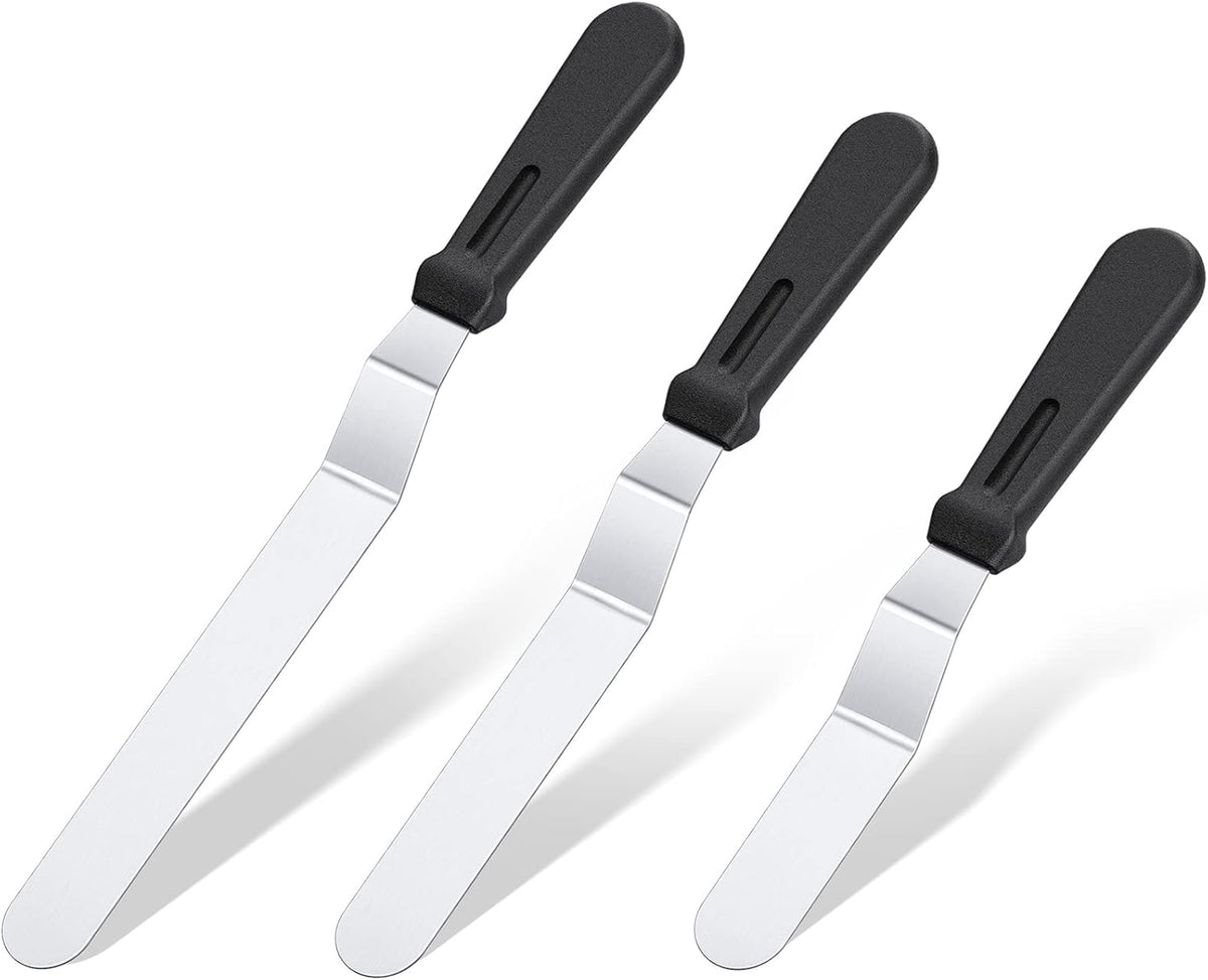 Icing Spatula,  Offset Spatula Set with 6", 8", 10" Blade,Stainless Steel Angled Cake Decorating Frosting Spatula Set of 3 (Black)