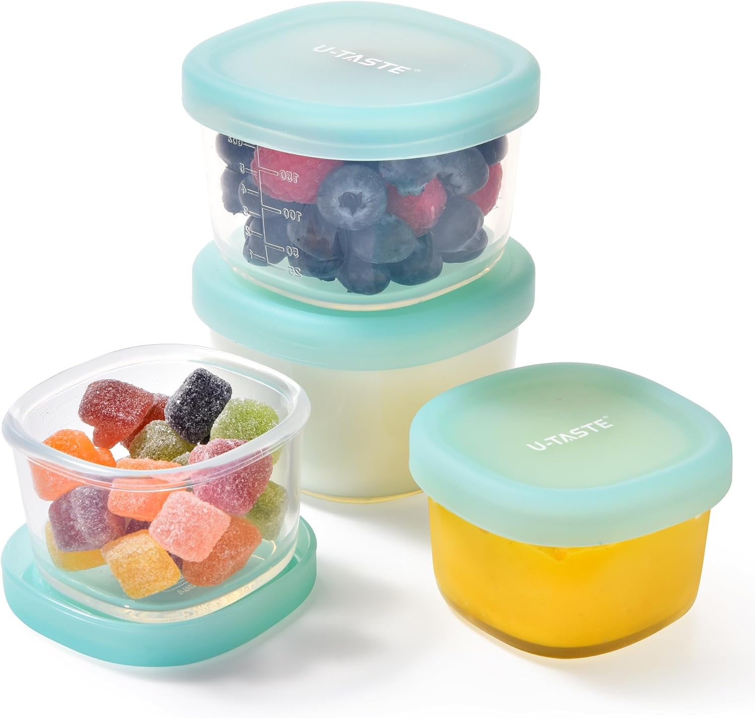 3oz 6oz Small Storage Containers: Food Grade Liquid-Silicone Freezer Box with Airtight Lid, Microwave Safe with Clear Measurements, Reusable for Meal Prepping Portion (Set of 4, Aqua Sky)