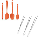 600ºF Heat Resistant Silicone Spatulas: Kitchen Cooking Mixing Utensils (4PCS, Orange) and 8"+10"+12" Kitchen Cooking Tweezer: 18/8 Stainless Steel Food-Grade Metal Food Tong (Pointed Tip)