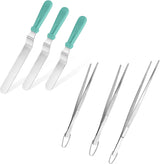 Icing Spatula,  Stainless Steel Angled Cake Decorating Frosting Spatula Set of 3 (Aqua Sky), and 8"+10"+12" Kitchen Cooking Tweezer: 18/8 Stainless Steel Metal Food Tong (Pointed Tip)