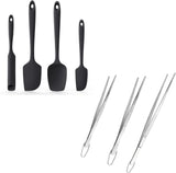 600ºF Heat Resistant Silicone Spatulas: Kitchen Cooking Mixing Utensils (4PCS, Black) and 8"+10"+12" Kitchen Cooking Tweezer: 18/8 Stainless Steel Food-Grade Metal Food Tong (Pointed Tip)