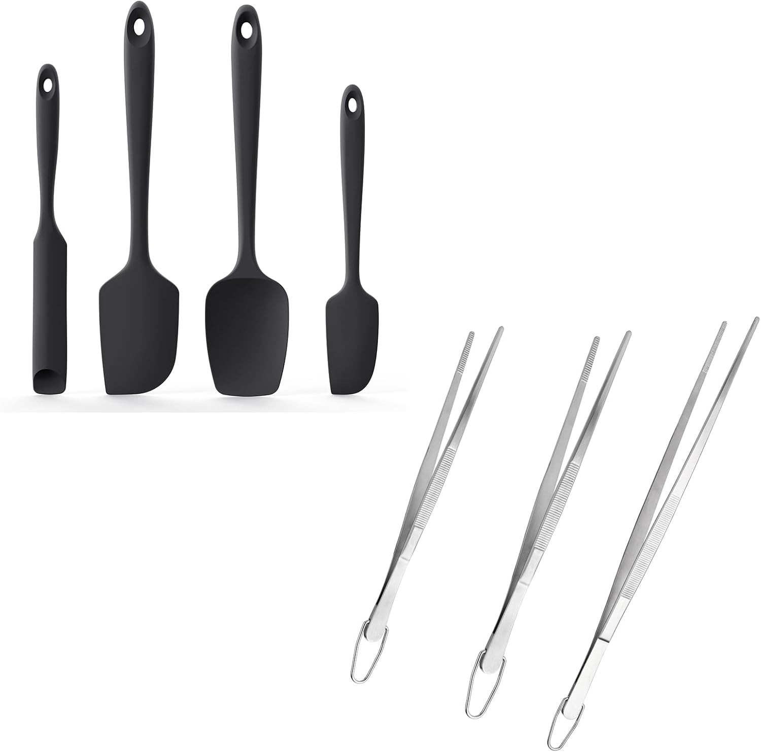 600ºF Heat Resistant Silicone Spatulas: Kitchen Cooking Mixing Utensils (4PCS, Black) and 8"+10"+12" Kitchen Cooking Tweezer: 18/8 Stainless Steel Food-Grade Metal Food Tong (Pointed Tip)