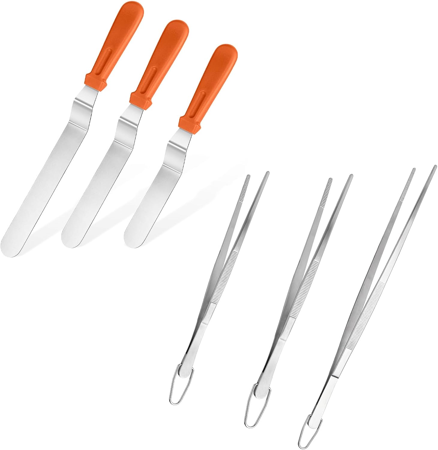 Icing Spatula,  Stainless Steel Angled Cake Decorating Frosting Spatula Set of 3 (Orange), and 8"+10"+12" Kitchen Cooking Tweezer: 18/8 Stainless Steel Metal Food Tong (Pointed Tip)