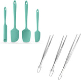 600ºF Heat Resistant Silicone Spatulas: Kitchen Cooking Mixing Utensils (4PCS, Aqua Sky) and 8"+10"+12" Kitchen Cooking Tweezer: 18/8 Stainless Steel Food-Grade Metal Food Tong (Pointed Tip)