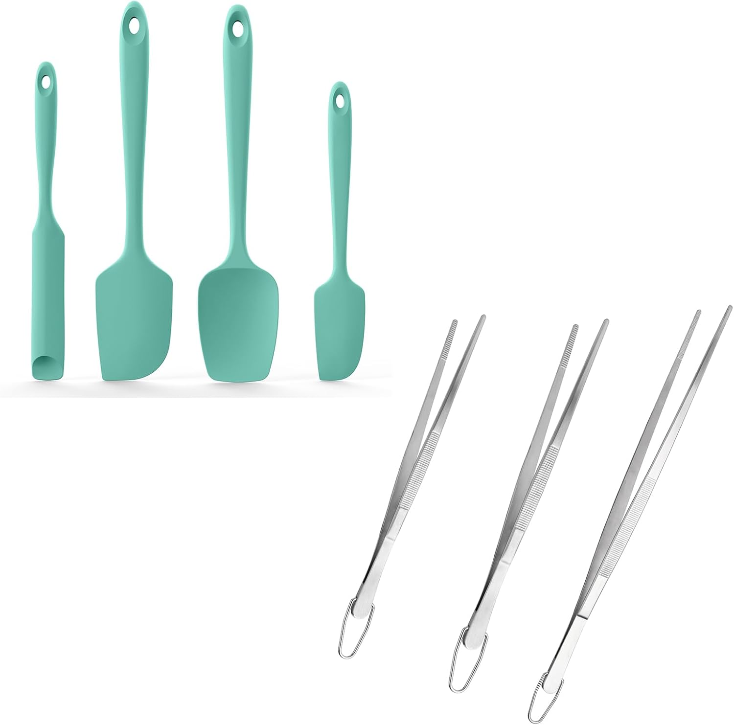 600ºF Heat Resistant Silicone Spatulas: Kitchen Cooking Mixing Utensils (4PCS, Aqua Sky) and 8"+10"+12" Kitchen Cooking Tweezer: 18/8 Stainless Steel Food-Grade Metal Food Tong (Pointed Tip)