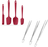 600ºF Heat Resistant Silicone Spatulas: Kitchen Cooking Mixing Utensils (4PCS, Red) and 8"+10"+12" Kitchen Cooking Tweezer: 18/8 Stainless Steel Food-Grade Metal Food Tong (Pointed Tip)