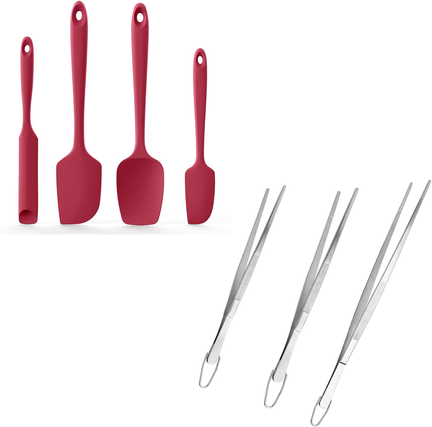 600ºF Heat Resistant Silicone Spatulas: Kitchen Cooking Mixing Utensils (4PCS, Red) and 8"+10"+12" Kitchen Cooking Tweezer: 18/8 Stainless Steel Food-Grade Metal Food Tong (Pointed Tip)