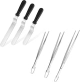Icing Spatula,  Stainless Steel Angled Cake Decorating Frosting Spatula Set of 3 (Black), and 8"+10"+12" Kitchen Cooking Tweezer: 18/8 Stainless Steel Metal Food Tong (Pointed Tip)