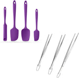 600ºF Heat Resistant Silicone Spatulas: Kitchen Cooking Mixing Utensils (4PCS, Purple) and 8"+10"+12" Kitchen Cooking Tweezer: 18/8 Stainless Steel Food-Grade Metal Food Tong (Pointed Tip)