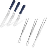 Icing Spatula,  Stainless Steel Angled Cake Decorating Frosting Spatula Set of 3 (Midnight Blue), and 8"+10"+12" Kitchen Cooking Tweezer: 18/8 Stainless Steel Metal Food Tong (Pointed Tip)