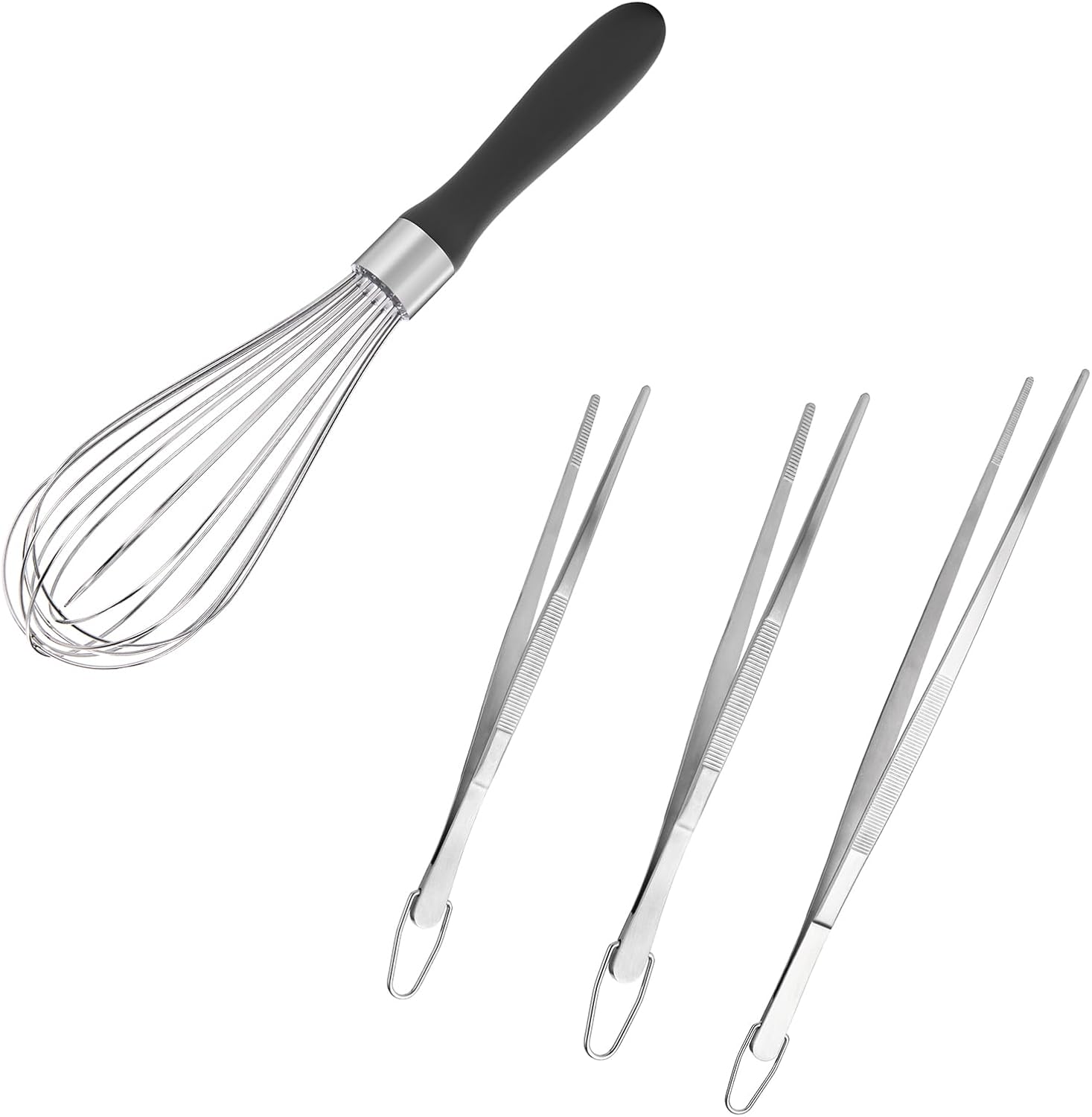 Balloon Whisk for Cooking: 18/10 Stainless Steel Medium Kitchen Wire Whisk (Black) and 8"+10"+12" Kitchen Tweezer: 18/8 Stainless Steel Food-Grade Metal Food Tong (Pointed Tip)