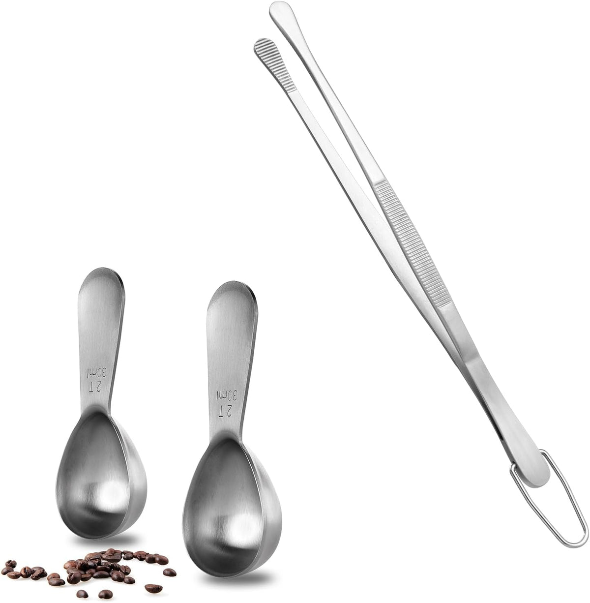 2 Tablespoon Metal Measuring Spoon Set of 2 with Short Handled Measure Scooper (Silver, 2Tbsp/30ml) and 8in Kitchen Plating Tweezer:18/8 Stainless Steel Food-Grade Metal Food Tong (Round Tip)