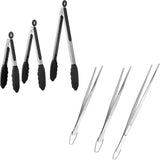 600ºF Heat Resistant 7/9/12 inches Silicone Cooking Tongs with Non Stick Rubber Tips (Black) and 8"+10"+12" Kitchen Tweezer Set: 18/8 Stainless Steel Food-Grade Metal Food Tong (Pointed Tip)