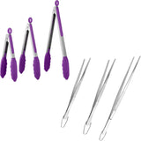 600ºF Heat Resistant 7/9/12 inches Silicone Cooking Tongs with Non Stick Rubber Tips (Purple) and 8"+10"+12" Kitchen Tweezer Set: 18/8 Stainless Steel Food-Grade Metal Food Tong (Pointed Tip)