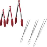 600ºF Heat Resistant 7/9/12 inches Silicone Cooking Tongs with Non Stick Rubber Tips (Red) and 8"+10"+12" Kitchen Tweezer Set: 18/8 Stainless Steel Food-Grade Metal Food Tong (Pointed Tip)