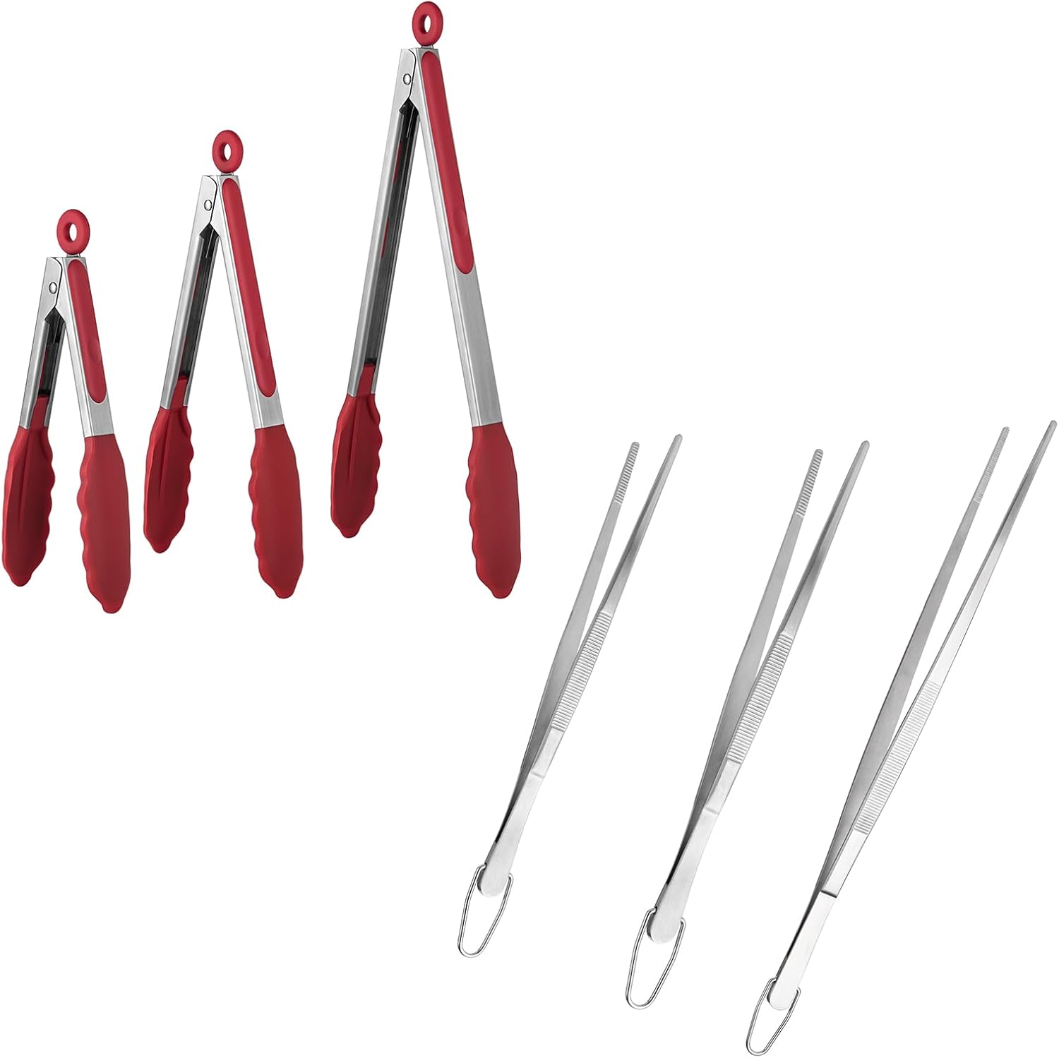 600ºF Heat Resistant 7/9/12 inches Silicone Cooking Tongs with Non Stick Rubber Tips (Red) and 8"+10"+12" Kitchen Tweezer Set: 18/8 Stainless Steel Food-Grade Metal Food Tong (Pointed Tip)