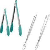 600ºF Heat Resistant 9+12 in Silicone Cooking Tongs with Non Stick Rubber Tips (Aqua Sky) and 12" Kitchen Tweezer Set: 18/8 Stainless Steel Food-Grade Metal Food Tong (Round & Pointed Tip)