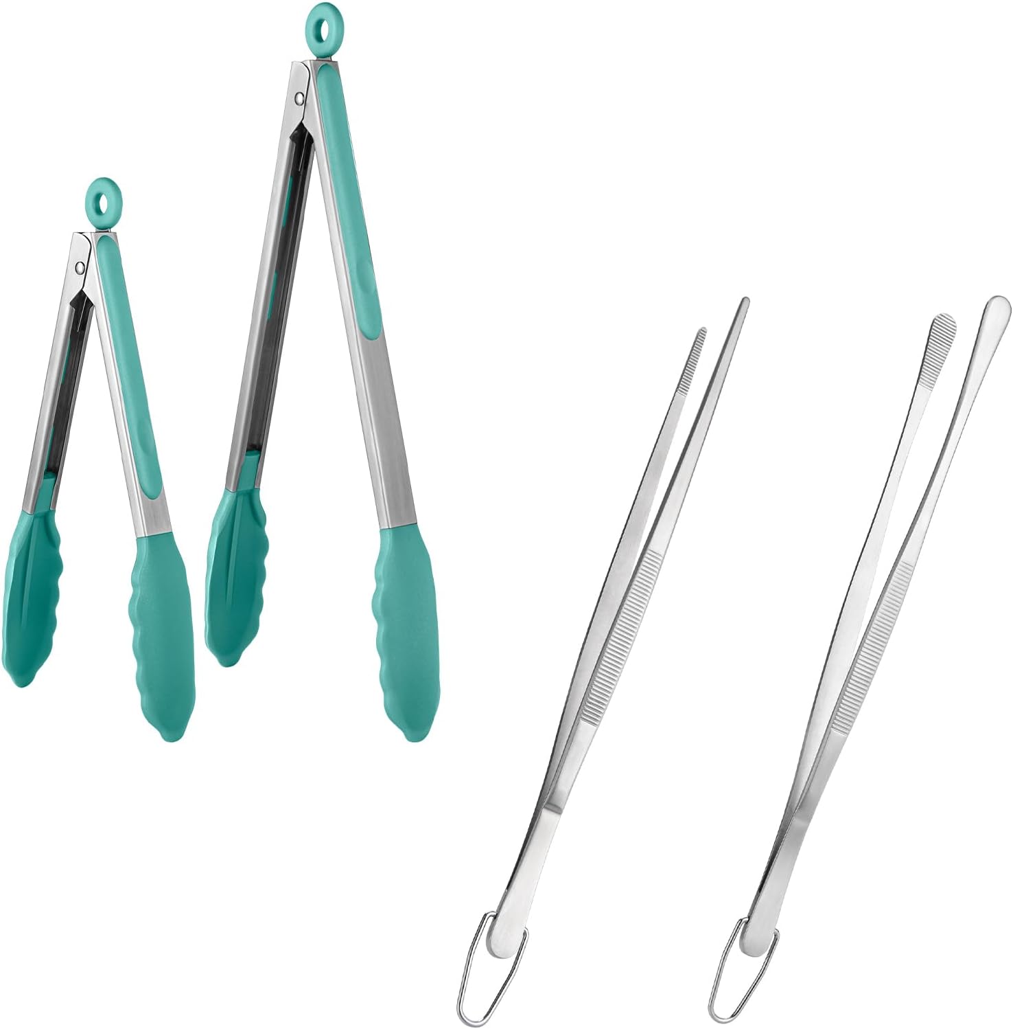 600ºF Heat Resistant 9+12 in Silicone Cooking Tongs with Non Stick Rubber Tips (Aqua Sky) and 12" Kitchen Tweezer Set: 18/8 Stainless Steel Food-Grade Metal Food Tong (Round & Pointed Tip)