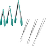 600ºF Heat Resistant 7/9/12 inches Silicone Cooking Tongs with Non Stick Rubber Tips (Aqua Sky) and 8"+10"+12" Kitchen Tweezer Set:18/8 Stainless Steel Food-Grade Metal Food Tong (Pointed Tip)