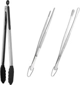 600ºF Heat Resistant 16in Silicone Cooking Tongs with Non Stick Rubber Tips (Black) and 12" Kitchen Tweezer Set: 18/8 Stainless Steel Food-Grade Metal Food Tong (Round & Pointed Tip)