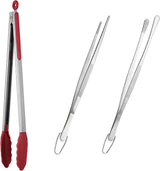 600ºF Heat Resistant 16in Silicone Cooking Tongs with Non Stick Rubber Tips (Red) and 12" Kitchen Tweezer Set: 18/8 Stainless Steel Food-Grade Metal Food Tong (Round & Pointed Tip)