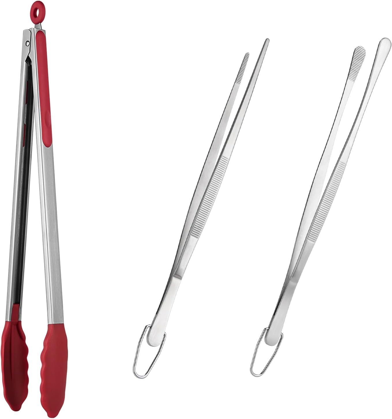 600ºF Heat Resistant 16in Silicone Cooking Tongs with Non Stick Rubber Tips (Red) and 12" Kitchen Tweezer Set: 18/8 Stainless Steel Food-Grade Metal Food Tong (Round & Pointed Tip)