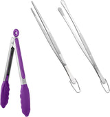 600ºF Heat Resistant 9in Silicone Cooking Tongs with Non Stick Rubber Tips (Purple) and 10" Kitchen Cooking Tweezer Set: 18/8 Stainless Steel Food-Grade Metal Food Tong (Round & Pointed Tip)