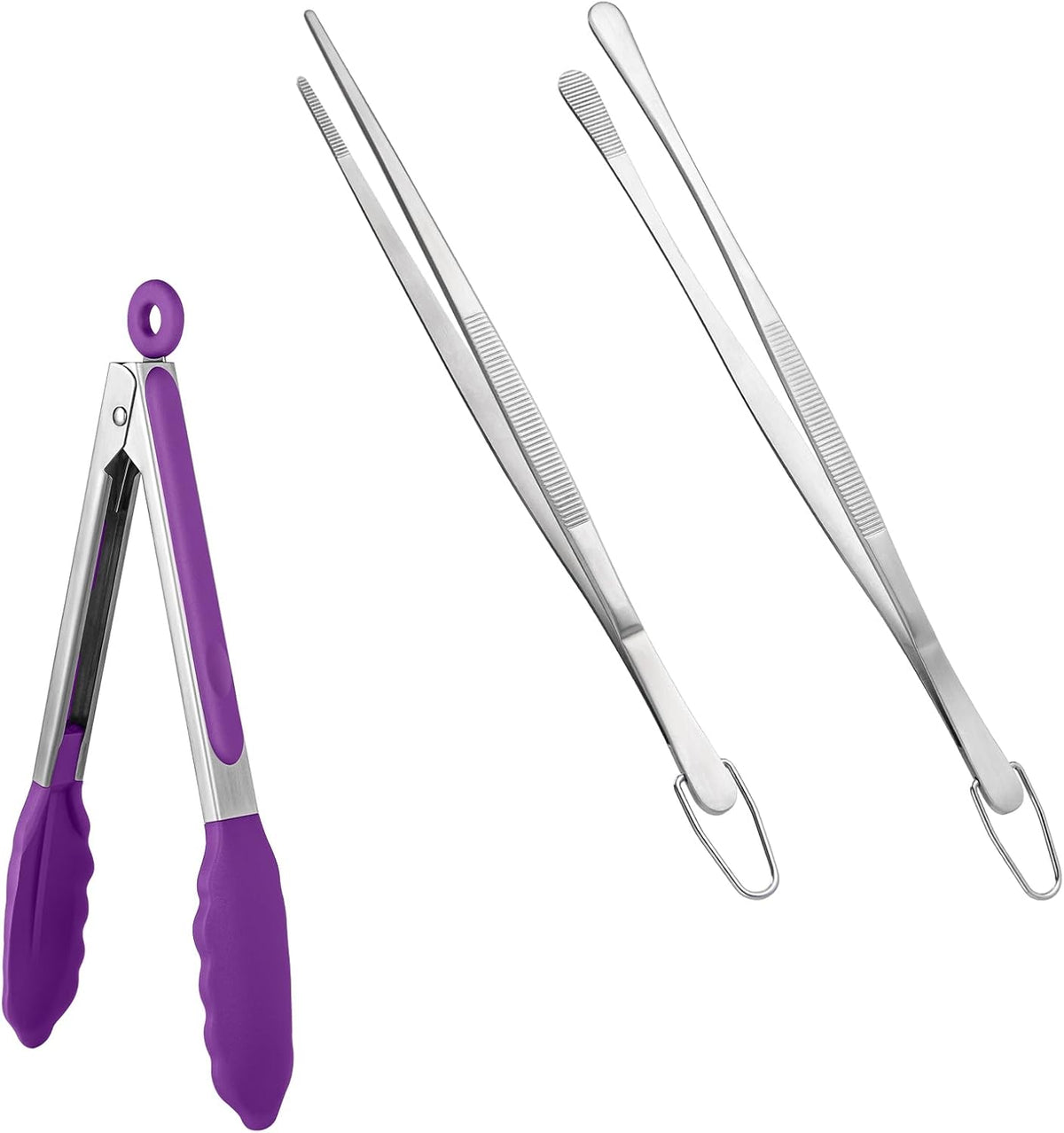600ºF Heat Resistant 9in Silicone Cooking Tongs with Non Stick Rubber Tips (Purple) and 10" Kitchen Cooking Tweezer Set: 18/8 Stainless Steel Food-Grade Metal Food Tong (Round & Pointed Tip)