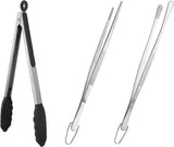 600ºF Heat Resistant 12in Silicone Cooking Tongs with Non Stick Rubber Tips (Black) and 12" Kitchen Tweezer Set: 18/8 Stainless Steel Food-Grade Metal Food Tong (Round & Pointed Tip)