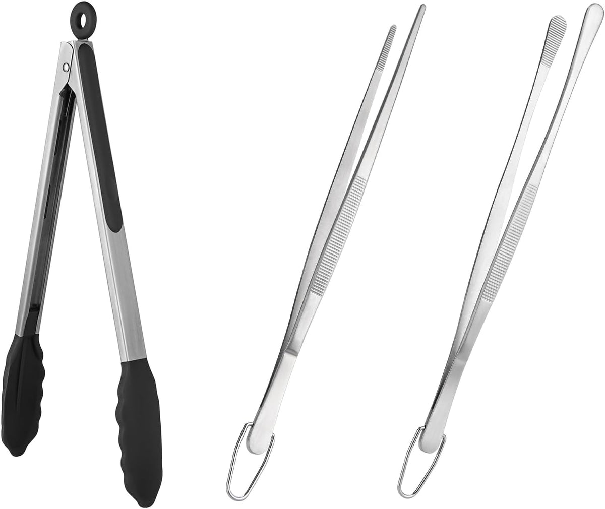 600ºF Heat Resistant 12in Silicone Cooking Tongs with Non Stick Rubber Tips (Black) and 12" Kitchen Tweezer Set: 18/8 Stainless Steel Food-Grade Metal Food Tong (Round & Pointed Tip)