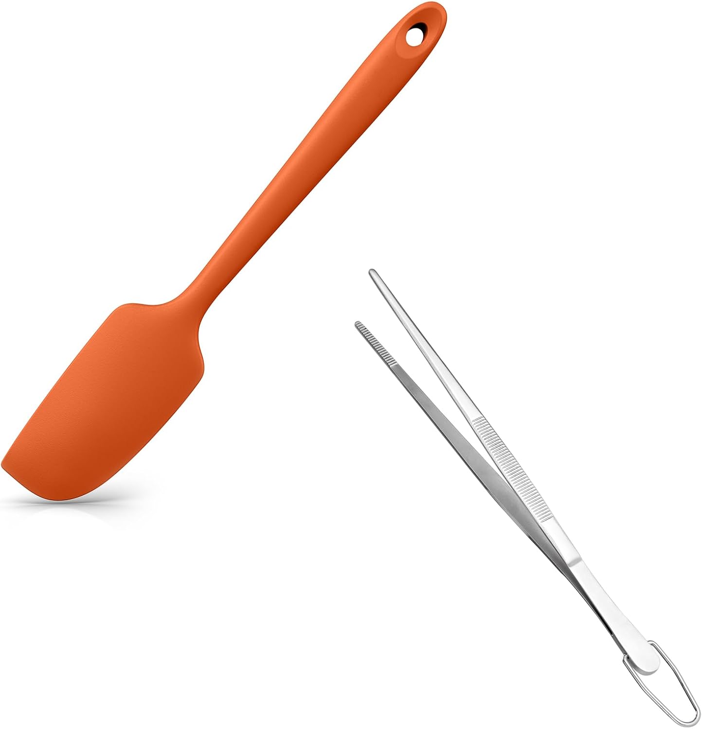 Small Mini Silicone Spatula: 9×2inch 600ºF Heat-Resistant Food-Grade Jar Scraper (Orange) and 8in Kitchen Plating Tweezer: 18/8 Stainless Steel Food-Grade Metal Food Tong (Pointed Tip)