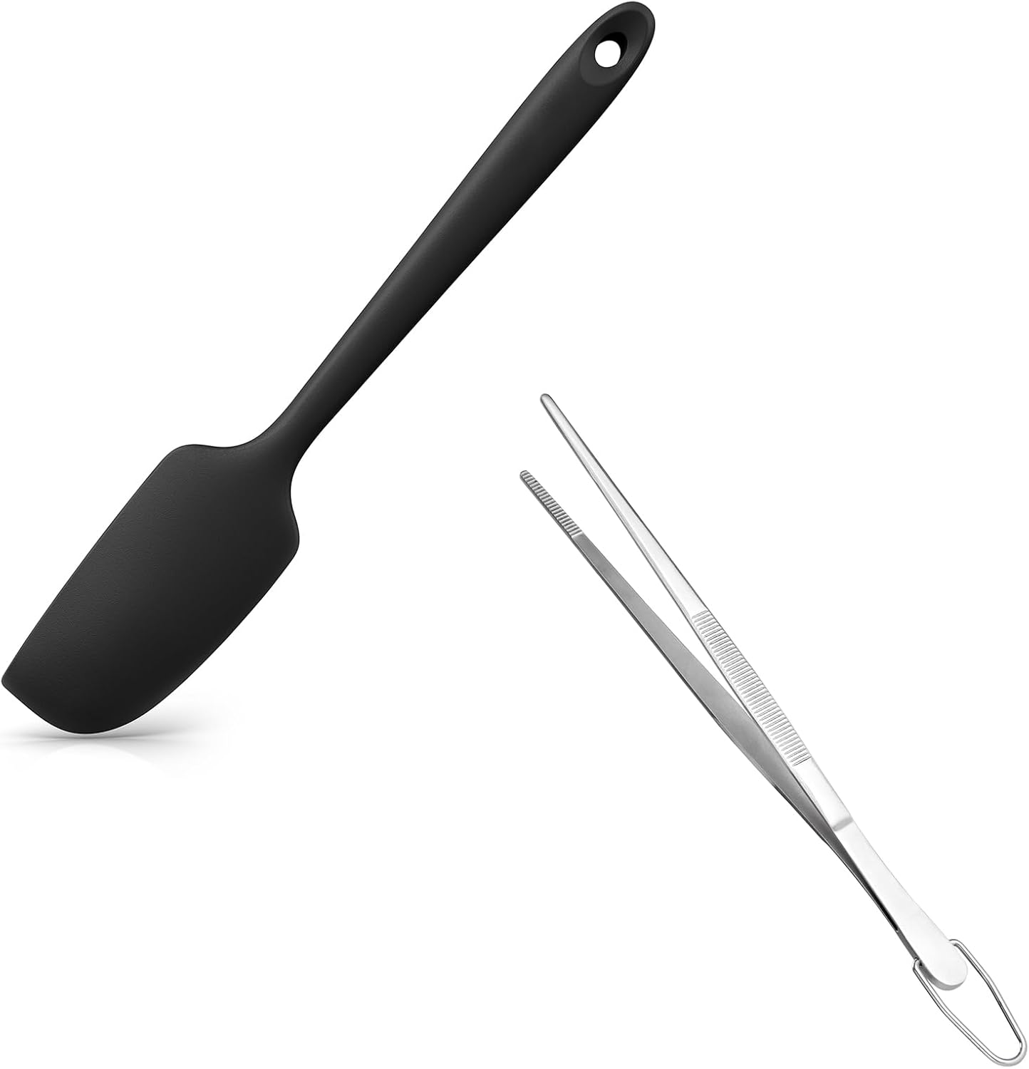 Small Mini Silicone Spatula: 9×2inch 600ºF Heat-Resistant Food-Grade Jar Scraper (Black) and 8in Kitchen Plating Tweezer: 18/8 Stainless Steel Food-Grade Metal Food Tong (Pointed Tip)
