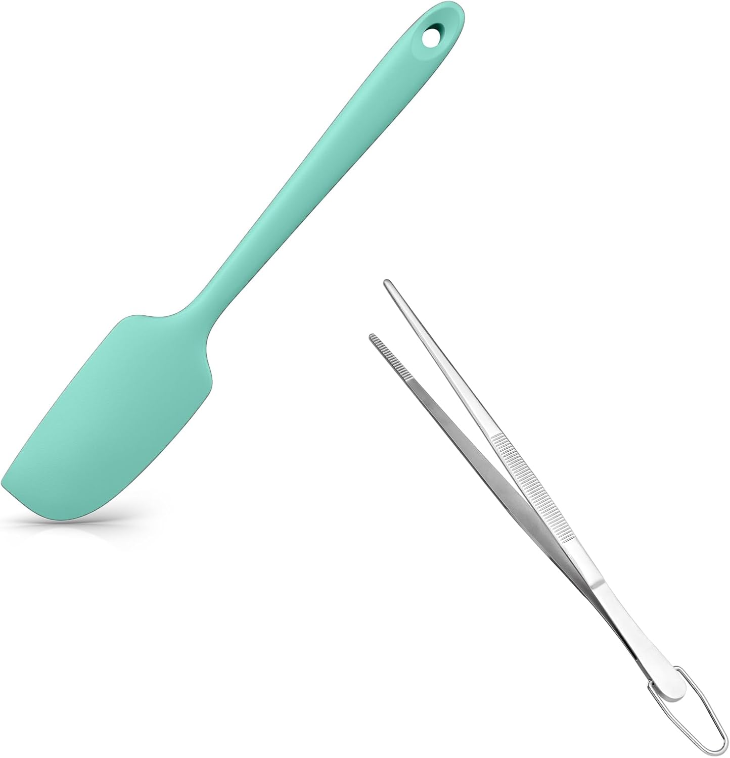 Small Mini Silicone Spatula: 9×2inch 600ºF Heat-Resistant Food-Grade Jar Scraper (Aqua Sky) and 8in Kitchen Plating Tweezer: 18/8 Stainless Steel Food-Grade Metal Food Tong (Pointed Tip)