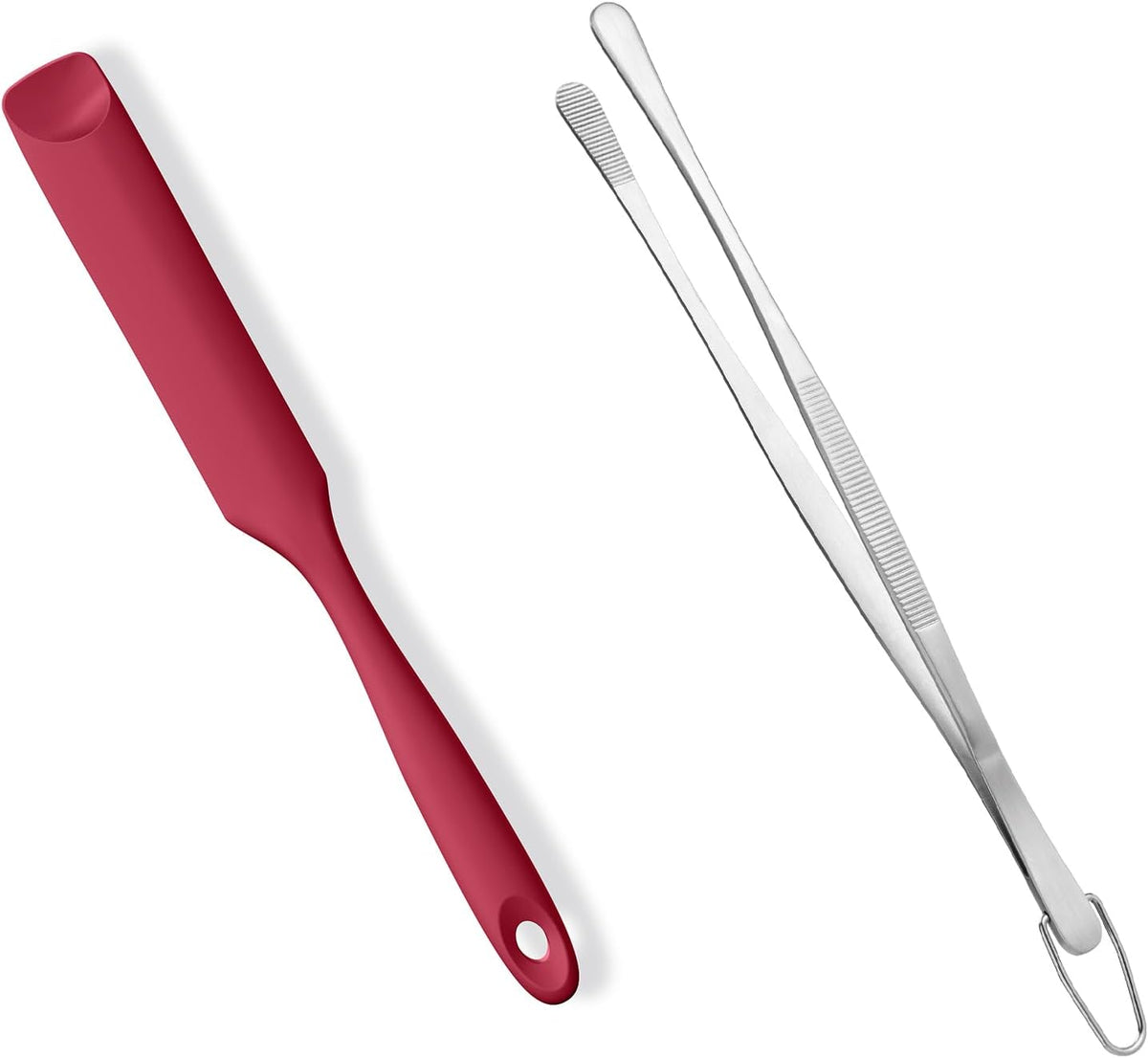 600ºF Heat-Resistant Food-Grade 10in Skinny Silicone Jar Spatula with Spoon Tip (Red) and 10in Kitchen Cooking Tweezer: 18/8 Stainless Steel Food-Grade Metal Food Tong (Round Tip)