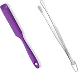 600ºF Heat-Resistant Food-Grade 10in Skinny Silicone Jar Spatula with Spoon Tip (Purple) and 10in Kitchen Cooking Tweezer: 18/8 Stainless Steel Food-Grade Metal Food Tong (Round Tip)
