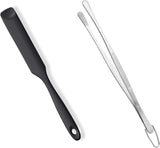 600ºF Heat-Resistant Food-Grade 10in Skinny Silicone Jar Spatula with Spoon Tip (Black) and 10in Kitchen Cooking Tweezer: 18/8 Stainless Steel Food-Grade Metal Food Tong (Round Tip)
