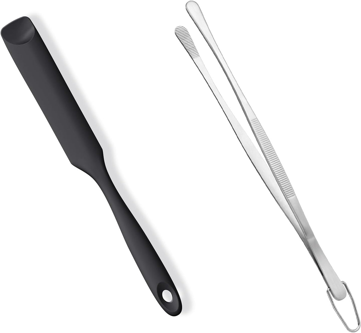 600ºF Heat-Resistant Food-Grade 10in Skinny Silicone Jar Spatula with Spoon Tip (Black) and 10in Kitchen Cooking Tweezer: 18/8 Stainless Steel Food-Grade Metal Food Tong (Round Tip)