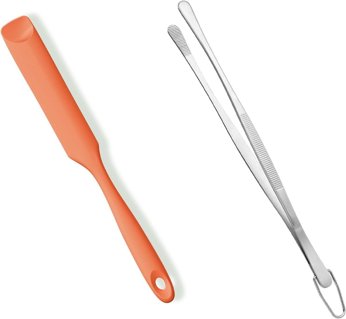 600ºF Heat-Resistant Food-Grade 10in Skinny Silicone Jar Spatula with Spoon Tip (Orange) and 10in Kitchen Cooking Tweezer: 18/8 Stainless Steel Food-Grade Metal Food Tong (Round Tip)
