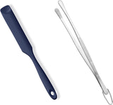 600ºF Heat-Resistant Food-Grade 10in Skinny Silicone Jar Spatula with Spoon Tip (Midnight Blue) and 10in Kitchen Cooking Tweezer: 18/8 Stainless Steel Food-Grade Metal Food Tong (Round Tip)