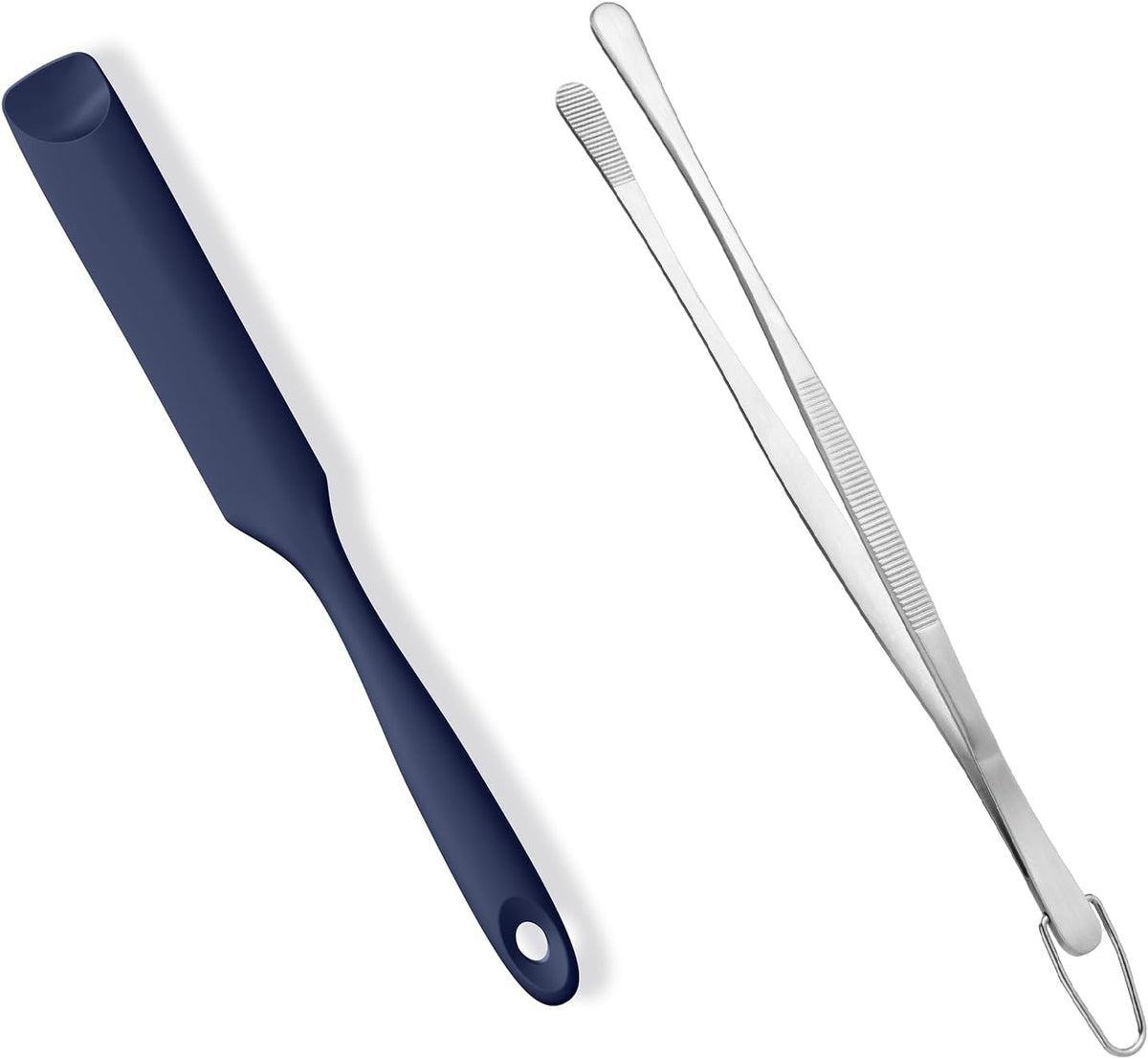 600ºF Heat-Resistant Food-Grade 10in Skinny Silicone Jar Spatula with Spoon Tip (Midnight Blue) and 10in Kitchen Cooking Tweezer: 18/8 Stainless Steel Food-Grade Metal Food Tong (Round Tip)
