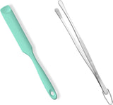 600ºF Heat-Resistant Food-Grade 10in Skinny Silicone Jar Spatula with Spoon Tip (Aqua Sky) and 10in Kitchen Cooking Tweezer: 18/8 Stainless Steel Food-Grade Metal Food Tong (Round Tip)