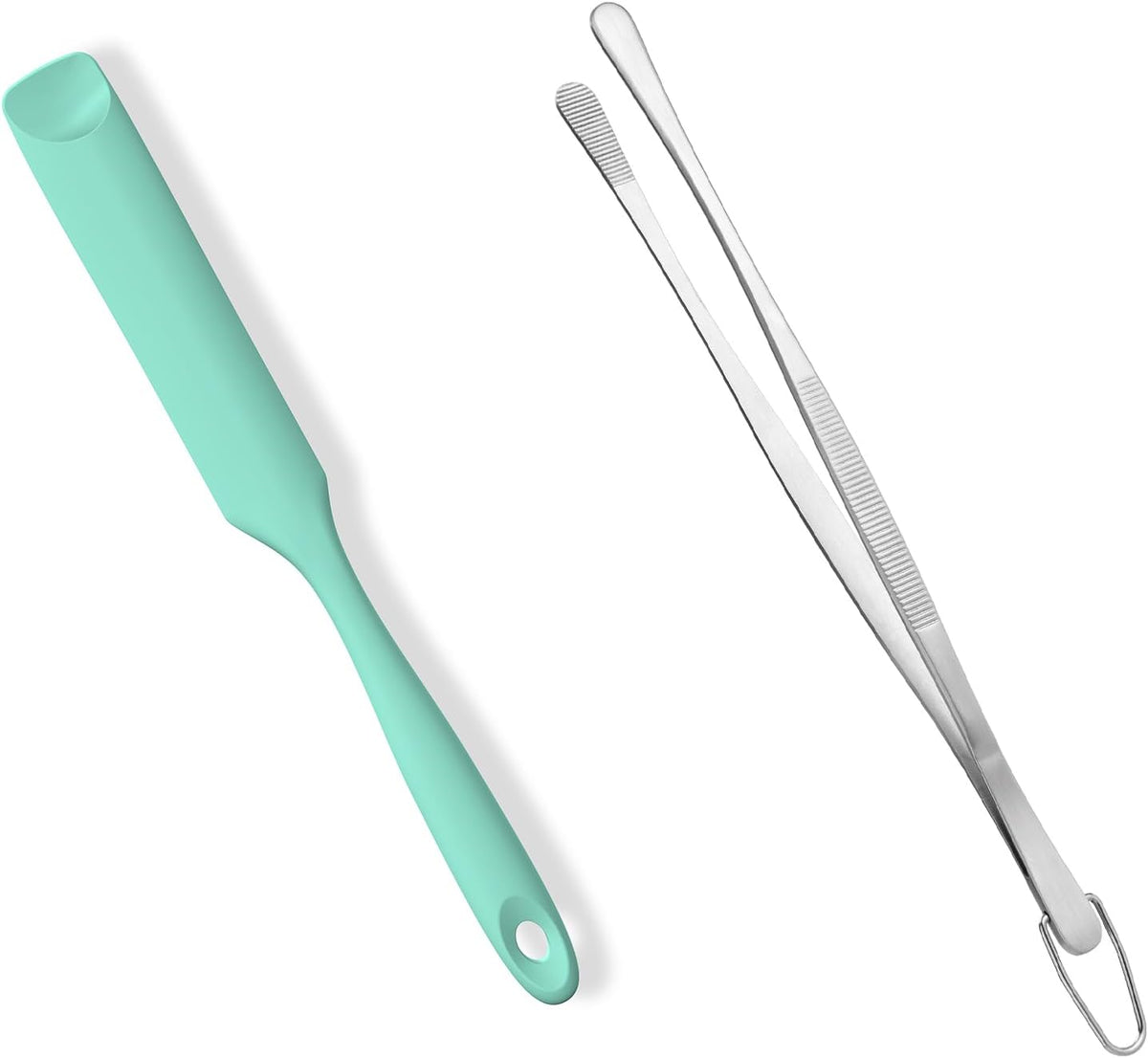 600ºF Heat-Resistant Food-Grade 10in Skinny Silicone Jar Spatula with Spoon Tip (Aqua Sky) and 10in Kitchen Cooking Tweezer: 18/8 Stainless Steel Food-Grade Metal Food Tong (Round Tip)