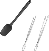 600ºF High Heat Flexible 14in Extra Large Silicone Spoon Spatula (Black) and 12" Kitchen Cooking Tweezer Set: 18/8 Stainless Steel Food-Grade Metal Food Tong (Round & Pointed Tip)