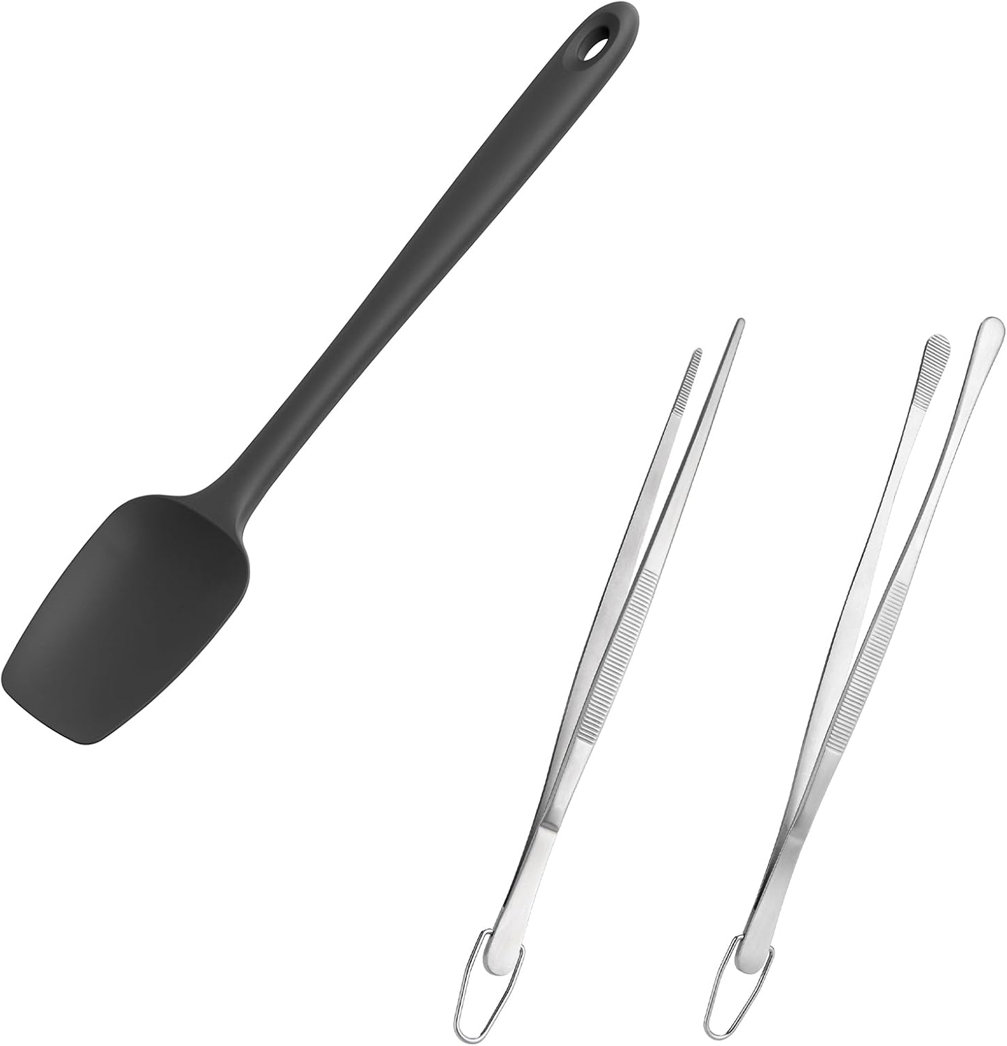 600ºF High Heat Flexible 14in Extra Large Silicone Spoon Spatula (Black) and 12" Kitchen Cooking Tweezer Set: 18/8 Stainless Steel Food-Grade Metal Food Tong (Round & Pointed Tip)
