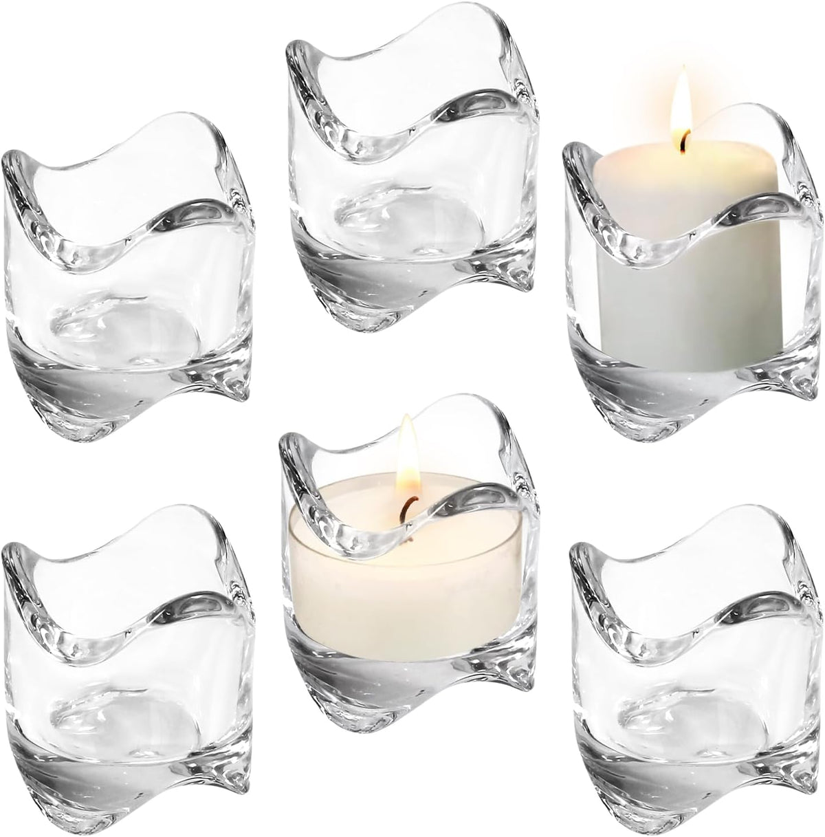 Tea Lights Votive Candles Holders (Set of 6), 2 in. Glass Candle Cups, Wedding Table Centerpiece, Home Decor, Party, Dinner & More