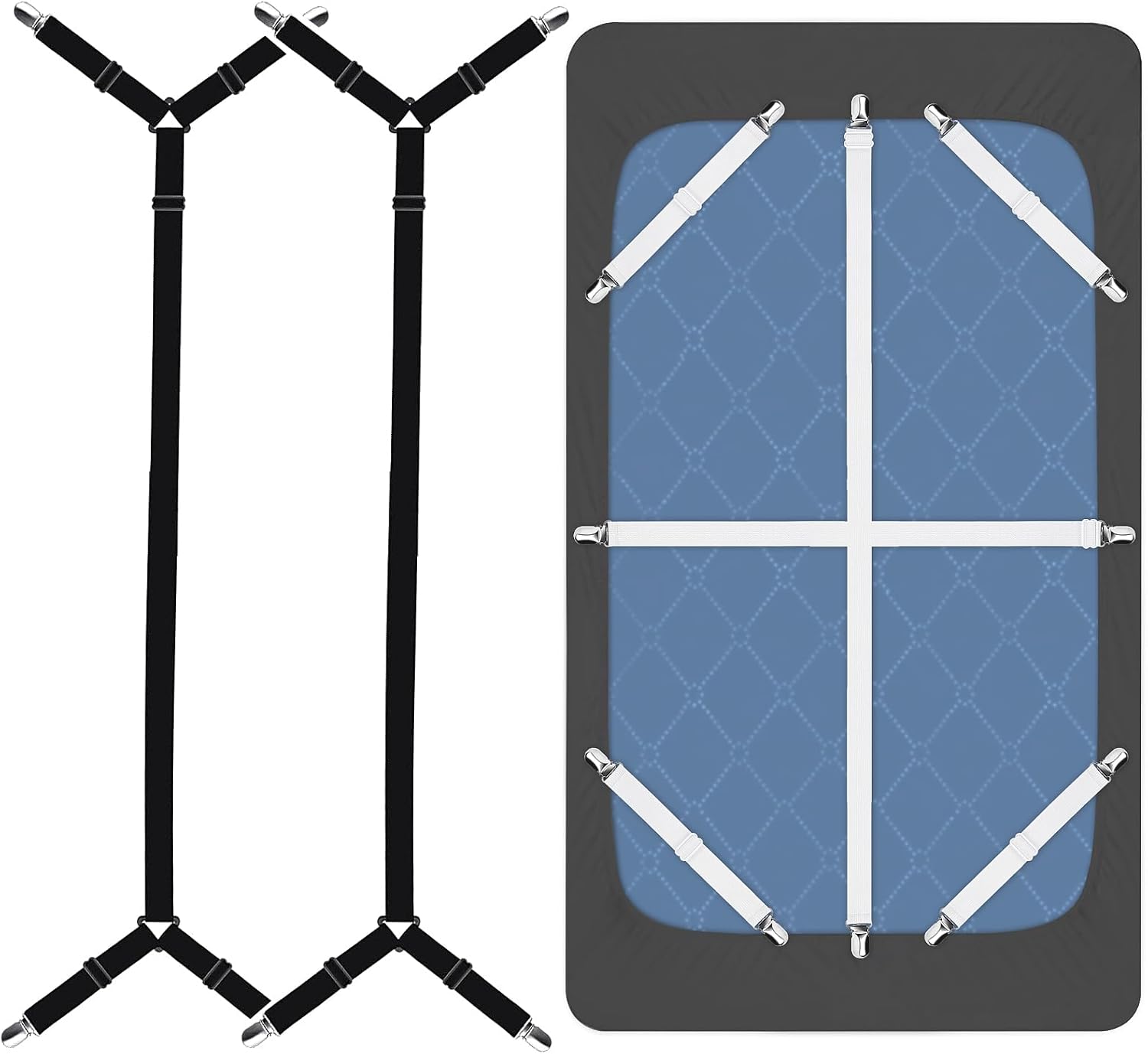 Bed Sheet Straps, 8+2 Pieces Heavy Duty Elastic Sheet Holders Suspenders of Mattresses, Short+ Long, White & Black