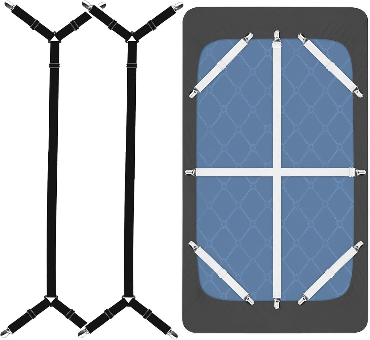 Bed Sheet Straps, 8+2 Pieces Heavy Duty Elastic Sheet Holders Suspenders of Mattresses, Short+ Long, White & Black