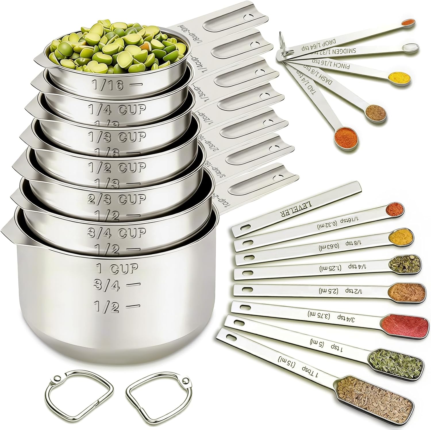 Measuring Cups and Spoons Set, 7 Stainless Steel Nesting Measuring Cups & 7 Spoons, 5 Mini Measuring Spoons &1 Leveler, Kitchen Gadgets for Cooking & Baking, Square