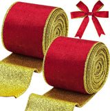 Red Velvet Wired Ribbon, Christmas Ribbon with Gold Metallic Glitter for Gift Wrapping Christmas Tree Decoration Topper Bows Making Wedding Decor Crafts Wreaths Supplies（2.5 Inch x 10 Yards）